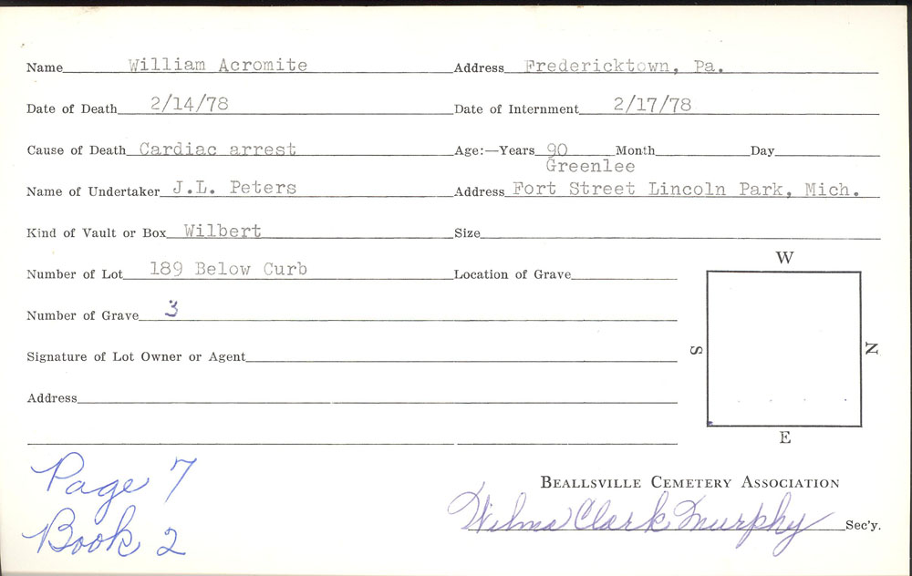 William Acromite burial card